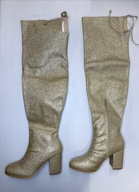 Allegra K Women's Over the Knee Boots Chunky Heel Gold Glitter Size 6.5